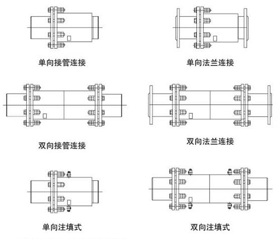 單向接管連接、單向法蘭連接、雙向接管連接、雙向法蘭連接、單向注填式、雙向注填式